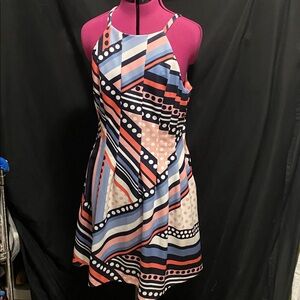 EUC Vince Camuto Black white pink blue Dots & geometric Fit & Flare Dress 16